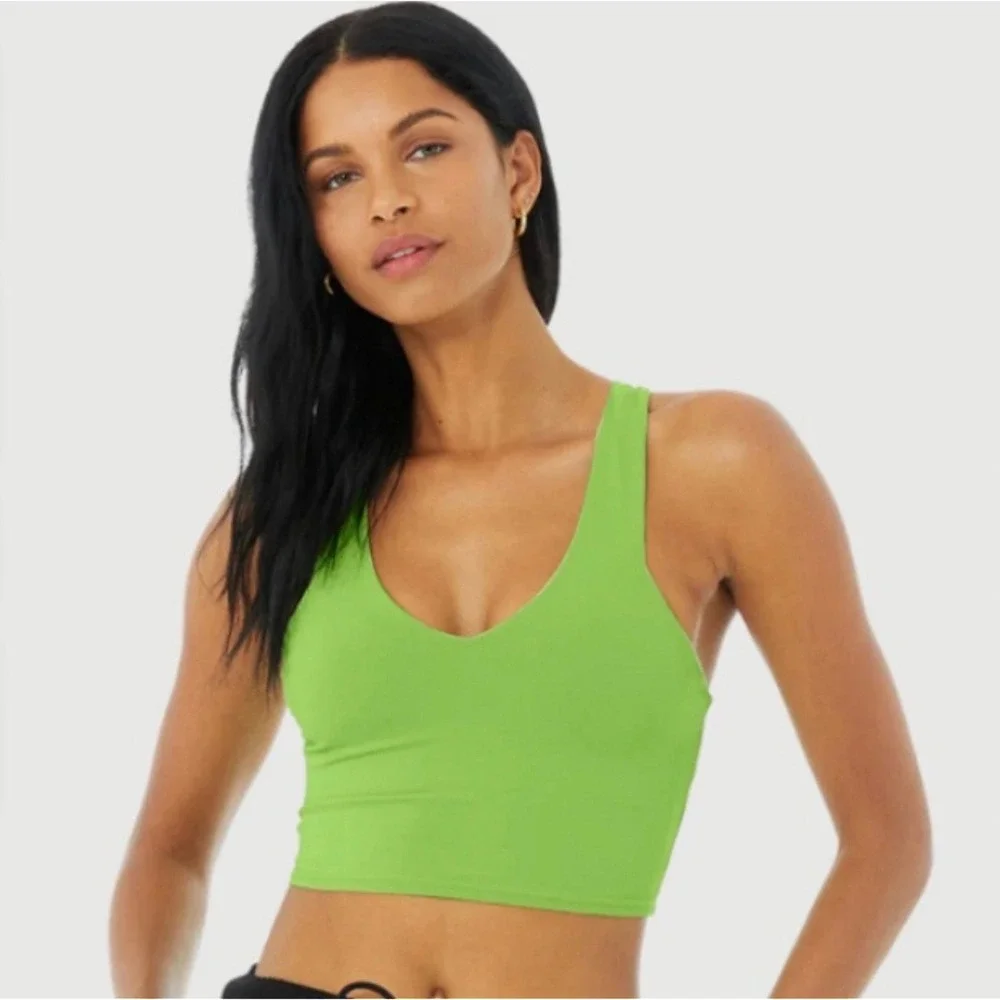 Alo Yoga Airbrush Real Bra Tank Lime Green Nylon Spandex V-Neck Cropped Yoga Top
